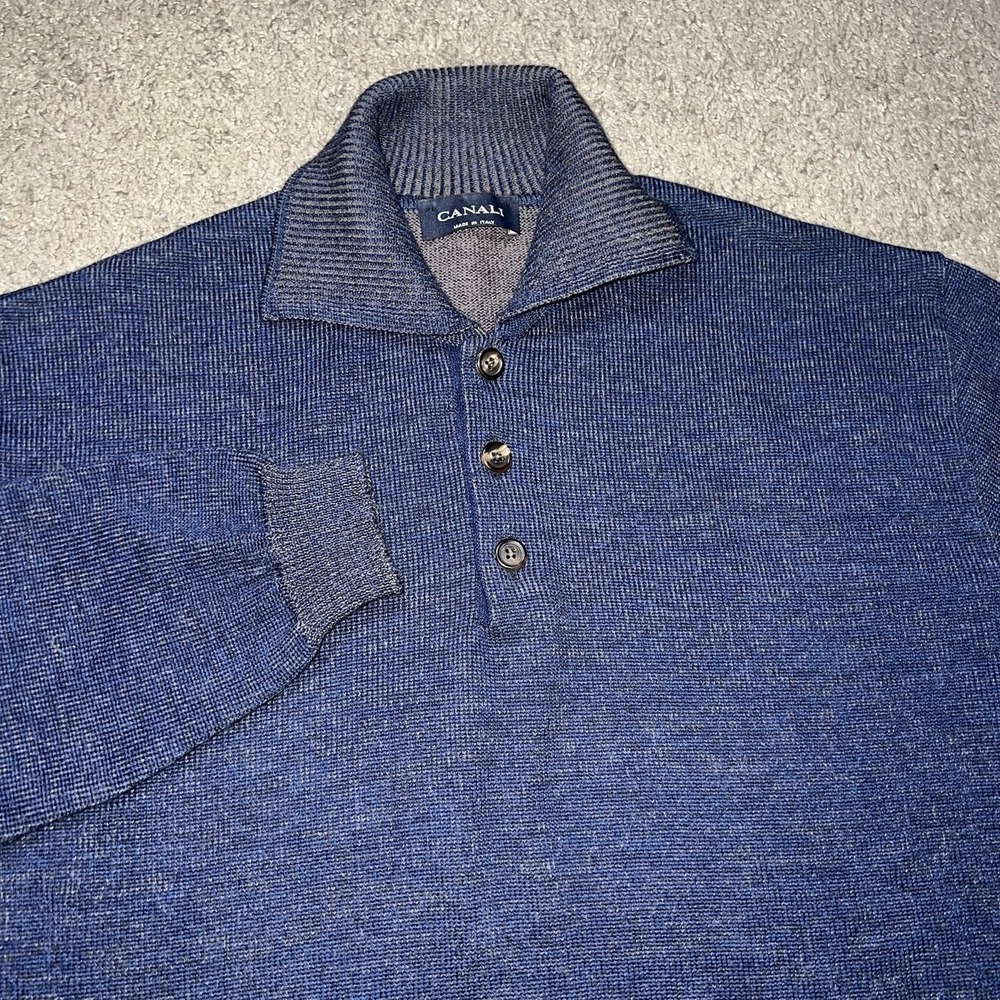 Canali Wool Quarter Zip Sweater Extra Fine Merino Blue Navy Men's XL
